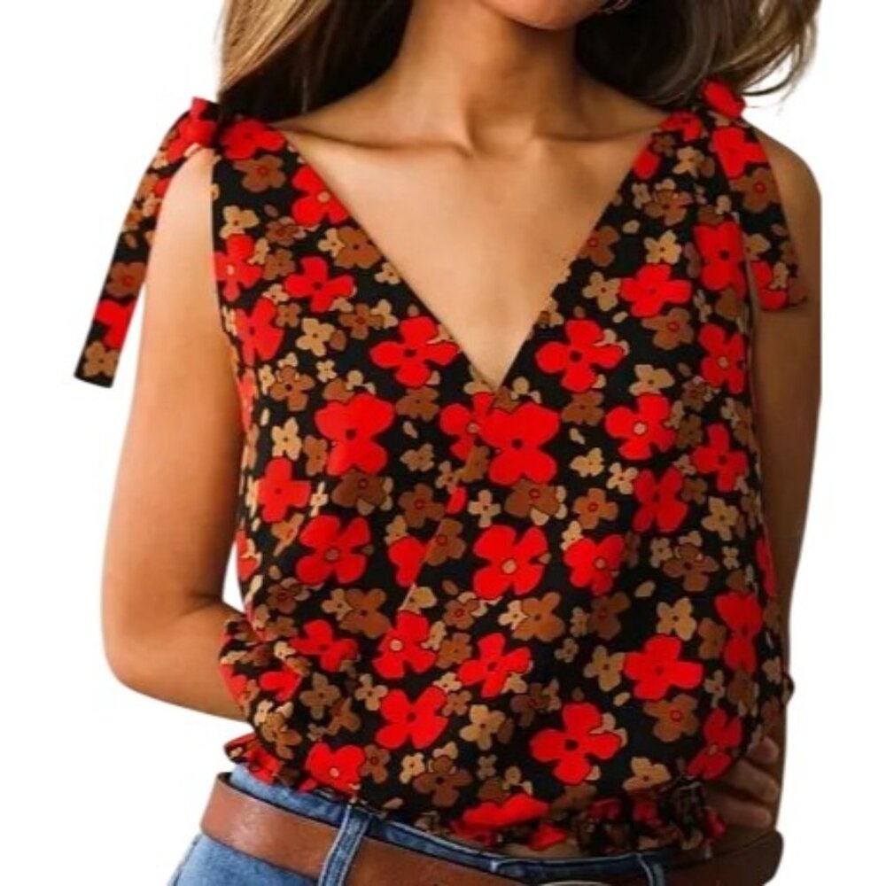 Willow Root Tank Top Size Small Floral Tie Strap Sleeveless Black Red Boho NEW